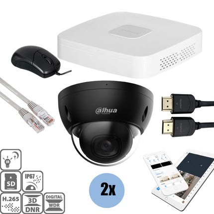 Dahua Black kit 2x Dome 4MP + Recorder & Bekabeling